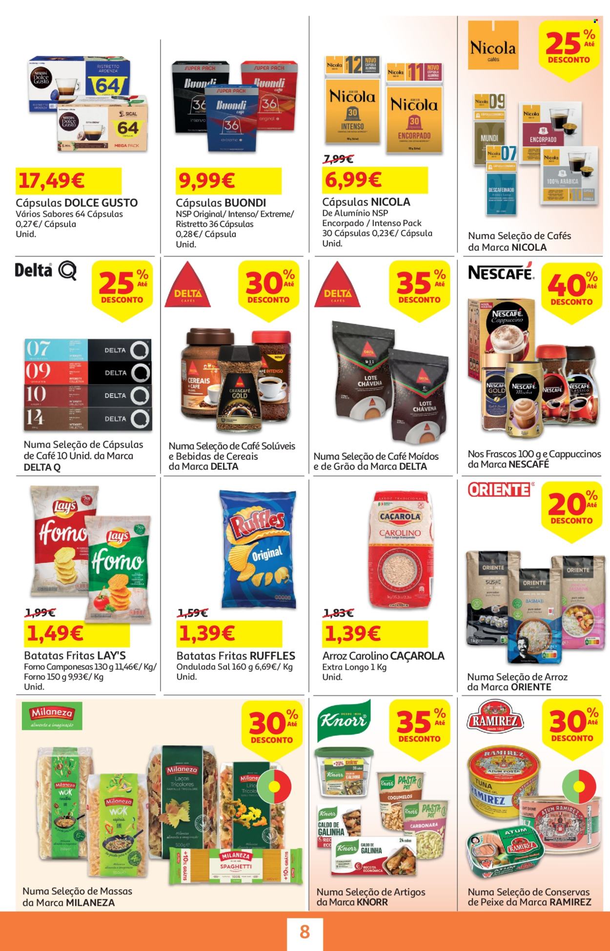 thumbnail - Folheto Auchan - 18.4.2024 - 2.5.2024 - Produtos em promoção - Knorr, batata frita, Lay's, Ruffles, sal, massa, Nescafé, Delta Q, cápsulas de café, Dolce Gusto, Nicola, forno. Página 8.