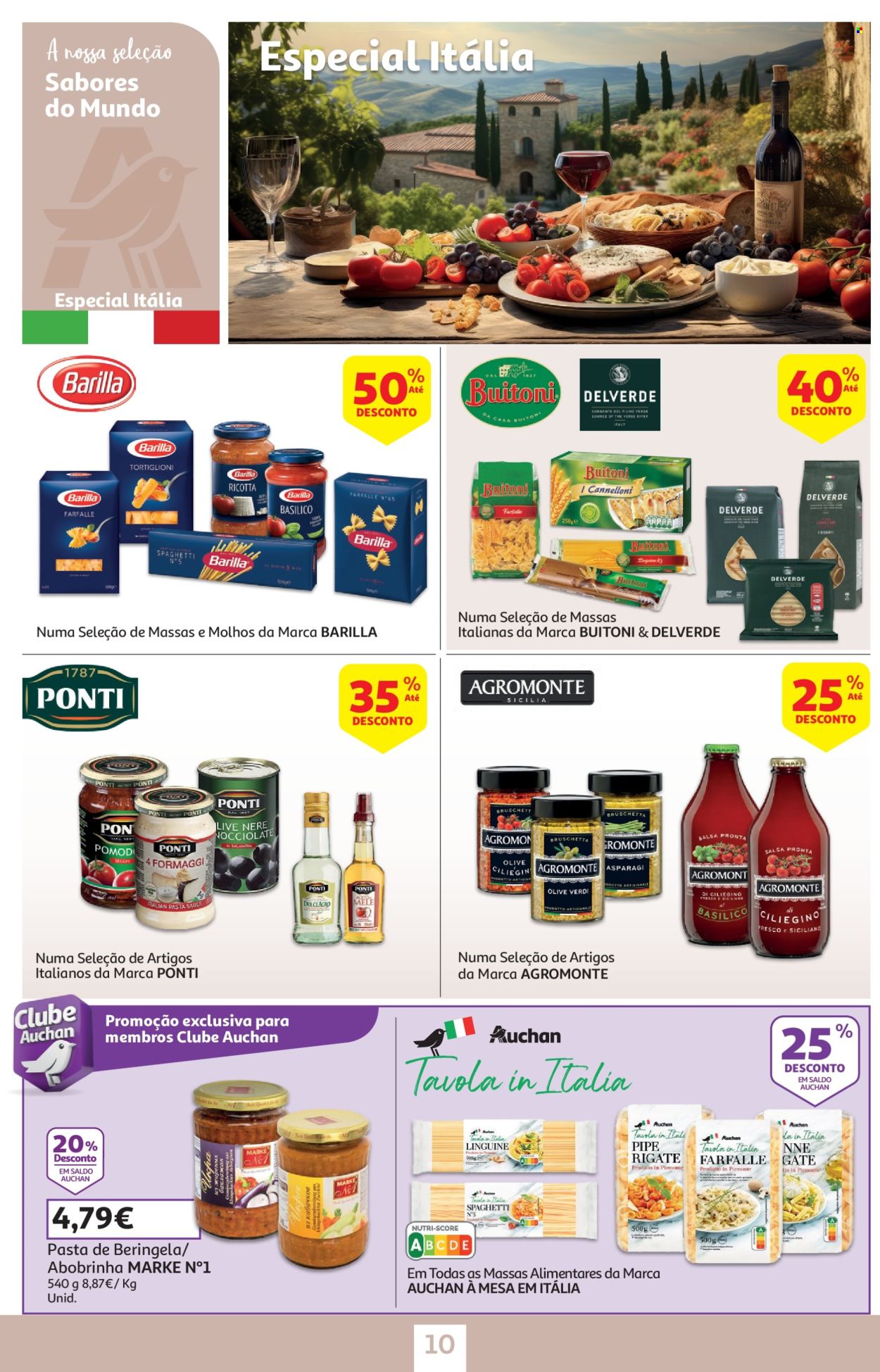 thumbnail - Folheto Auchan - 18.4.2024 - 2.5.2024 - Produtos em promoção - abobrinha, beringela, Barilla, Pasta Sauce, ricotta, molho, farfalle, spaghetti, massa. Página 10.