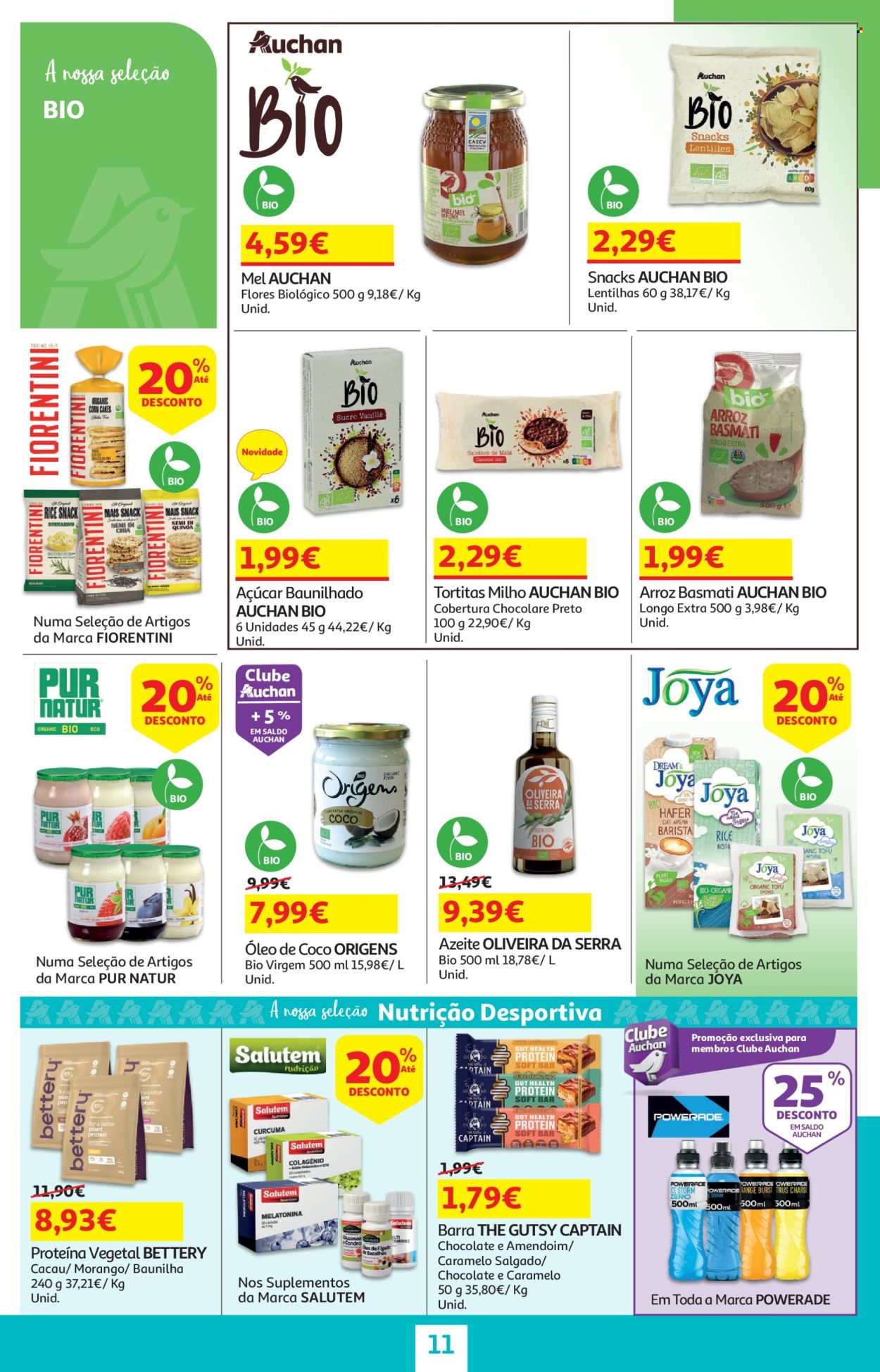 thumbnail - Folheto Auchan - 18.4.2024 - 2.5.2024 - Produtos em promoção - morango, milho, tortita, açúcar, açúcar baunilhado, arroz, lentilhas, basmati, óleo de coco, óleo, azeite, mel. Página 11.