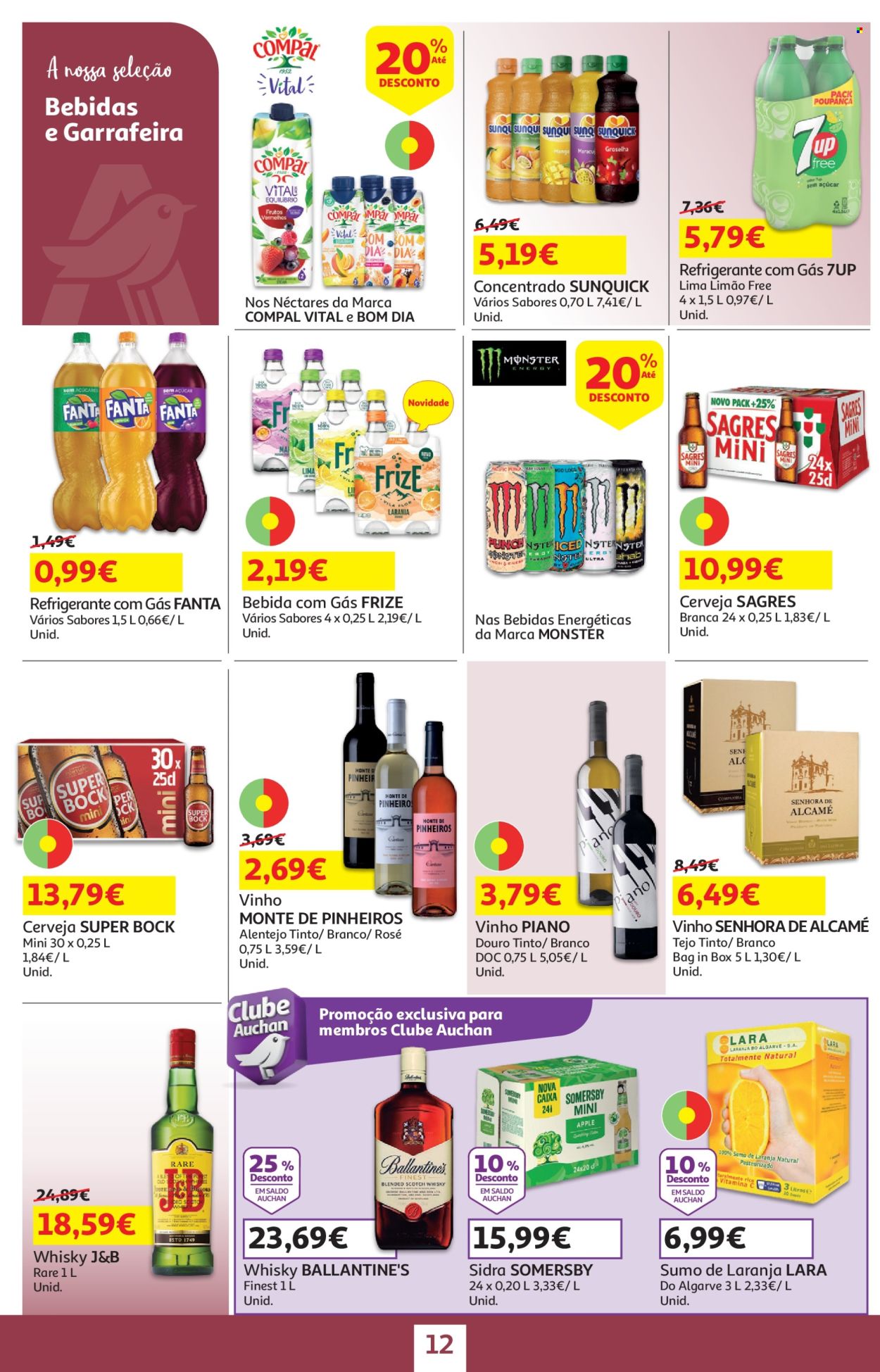 thumbnail - Folheto Auchan - 18.4.2024 - 2.5.2024 - Produtos em promoção - Sagres, Super Bock, cerveja, Somersby, bebida alcoólica, Fanta, refrigerante, sumo de laranja, bebida energética, Compal, sumo, 7-Up, bebida, Sunquick, vinho, whiskey, sidra, Ballantine's. Página 12.