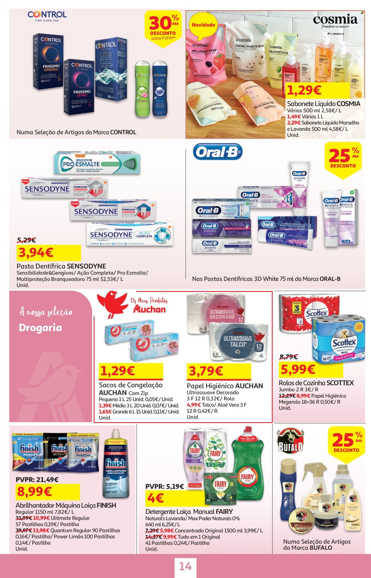 thumbnail - Folheto Auchan - 18.4.2024 - 2.5.2024 - Produtos em promoção - sabonete, talco, papel higiénico, limpador, detergente, Fairy, Finish, detergente para loiça, abrilhantador, sabonete liquido, Sensodyne, Oral-B, pasta dentífrica. Página 14.