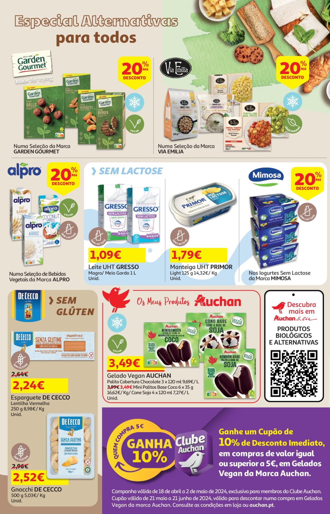 thumbnail - Folheto Auchan - 18.4.2024 - 2.5.2024 - Produtos em promoção - Mimosa, Alpro, manteiga, gelado, espaguetes, gnocchi, soja. Página 18.