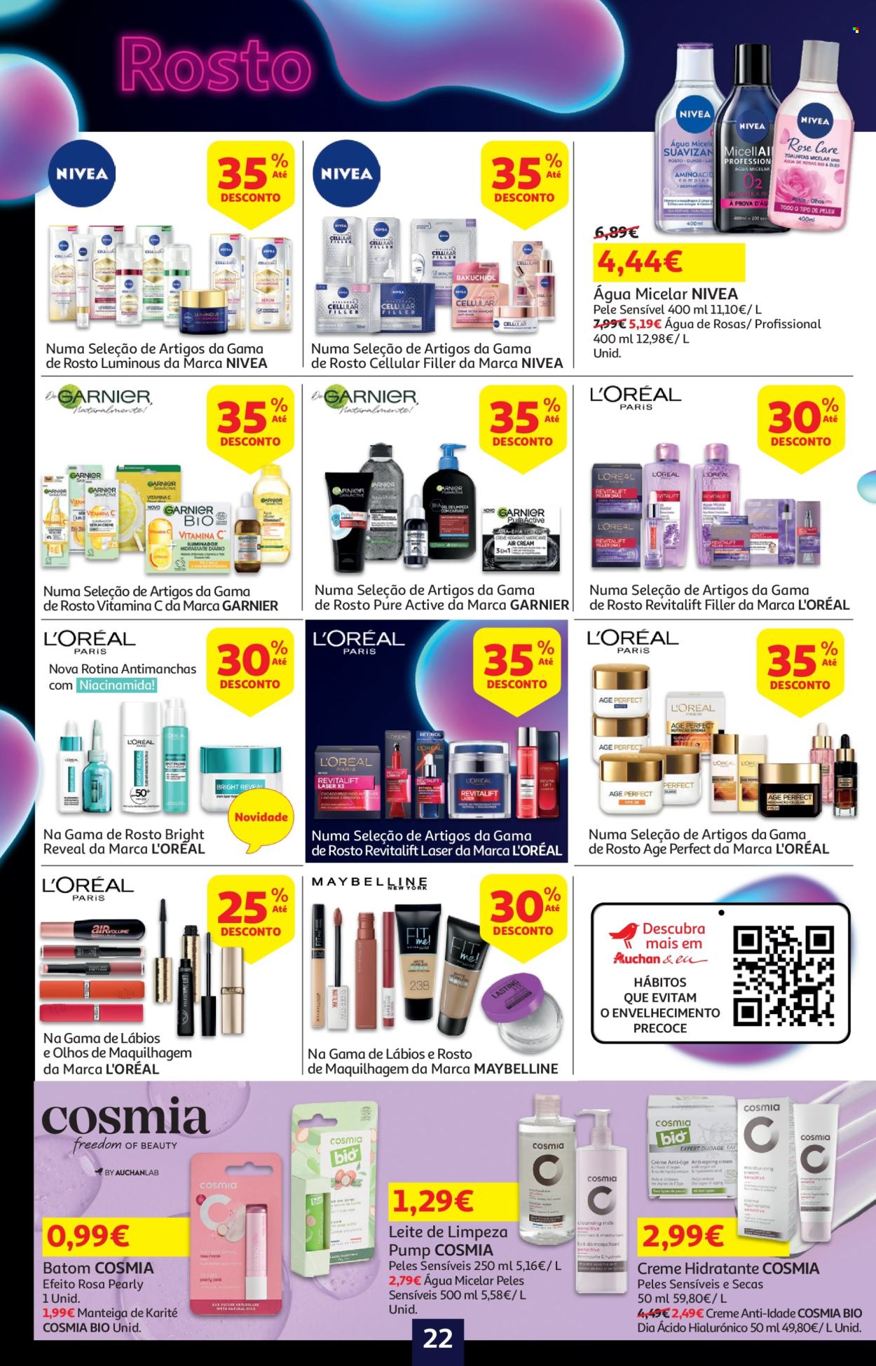 thumbnail - Folheto Auchan - 18.4.2024 - 2.5.2024 - Produtos em promoção - Nivea, L’Oréal, creme, água micelar, Garnier, creme hidratante, batom, Maybelline. Página 22.
