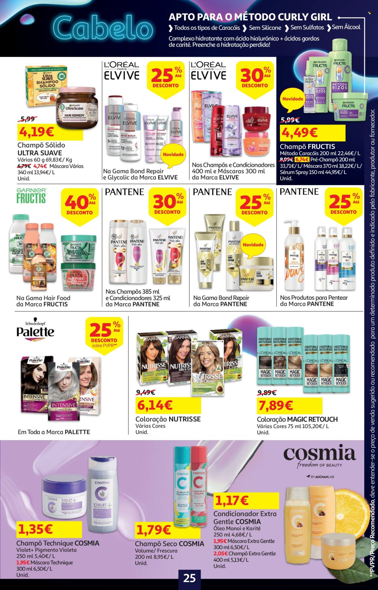 thumbnail - Folheto Auchan - 18.4.2024 - 2.5.2024 - Produtos em promoção - óleo, shampoo, sérum, condicionador, Fructis, Palette, Pantene, tinta de cabelo. Página 25.