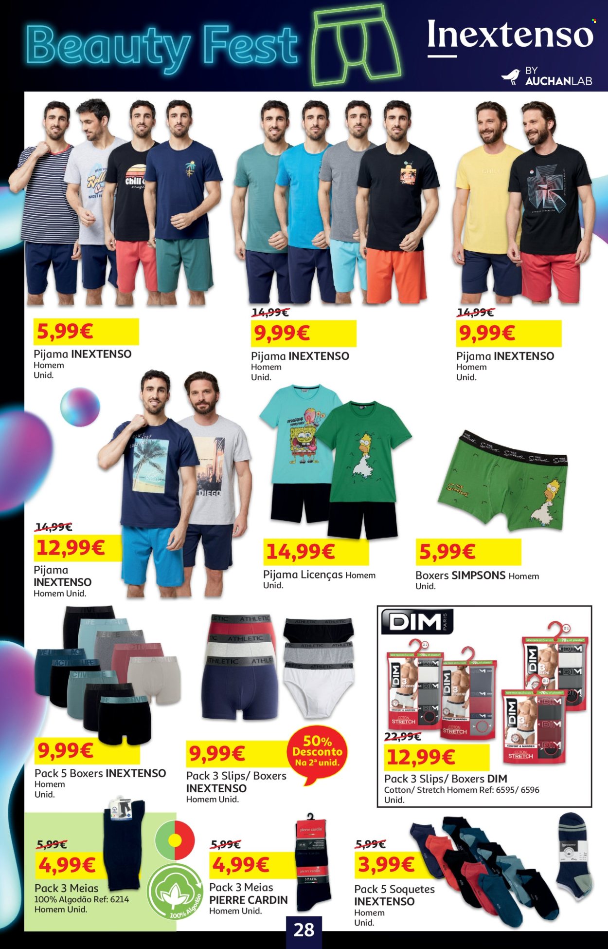 thumbnail - Folheto Auchan - 18.4.2024 - 2.5.2024 - Produtos em promoção - Comfort, Pierre Cardin, pijama, boxer, meias. Página 28.