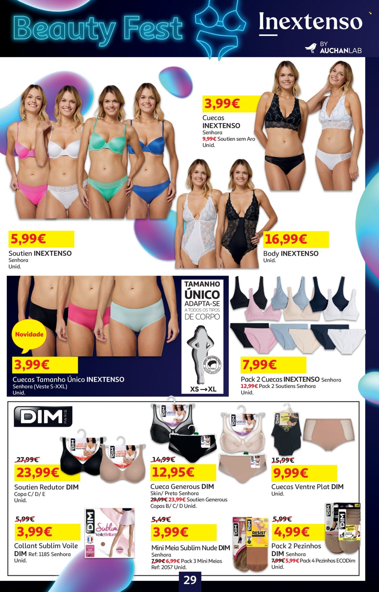 thumbnail - Folheto Auchan - 18.4.2024 - 2.5.2024 - Produtos em promoção - cuecas, soutien, meias, pezinhos. Página 29.