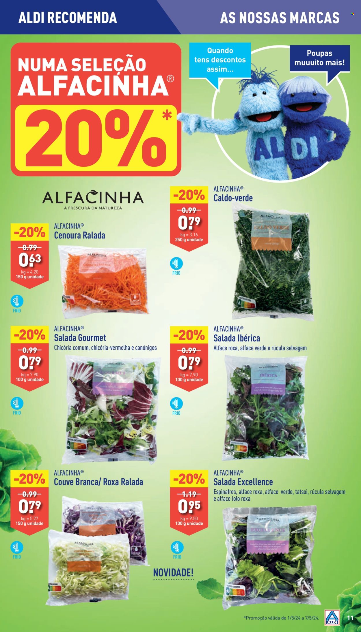 thumbnail - Folheto Aldi - 1.5.2024 - 7.5.2024 - Produtos em promoção - alface, salada, couve, cenoura, rúcula, caldo verde, caldo. Página 11.