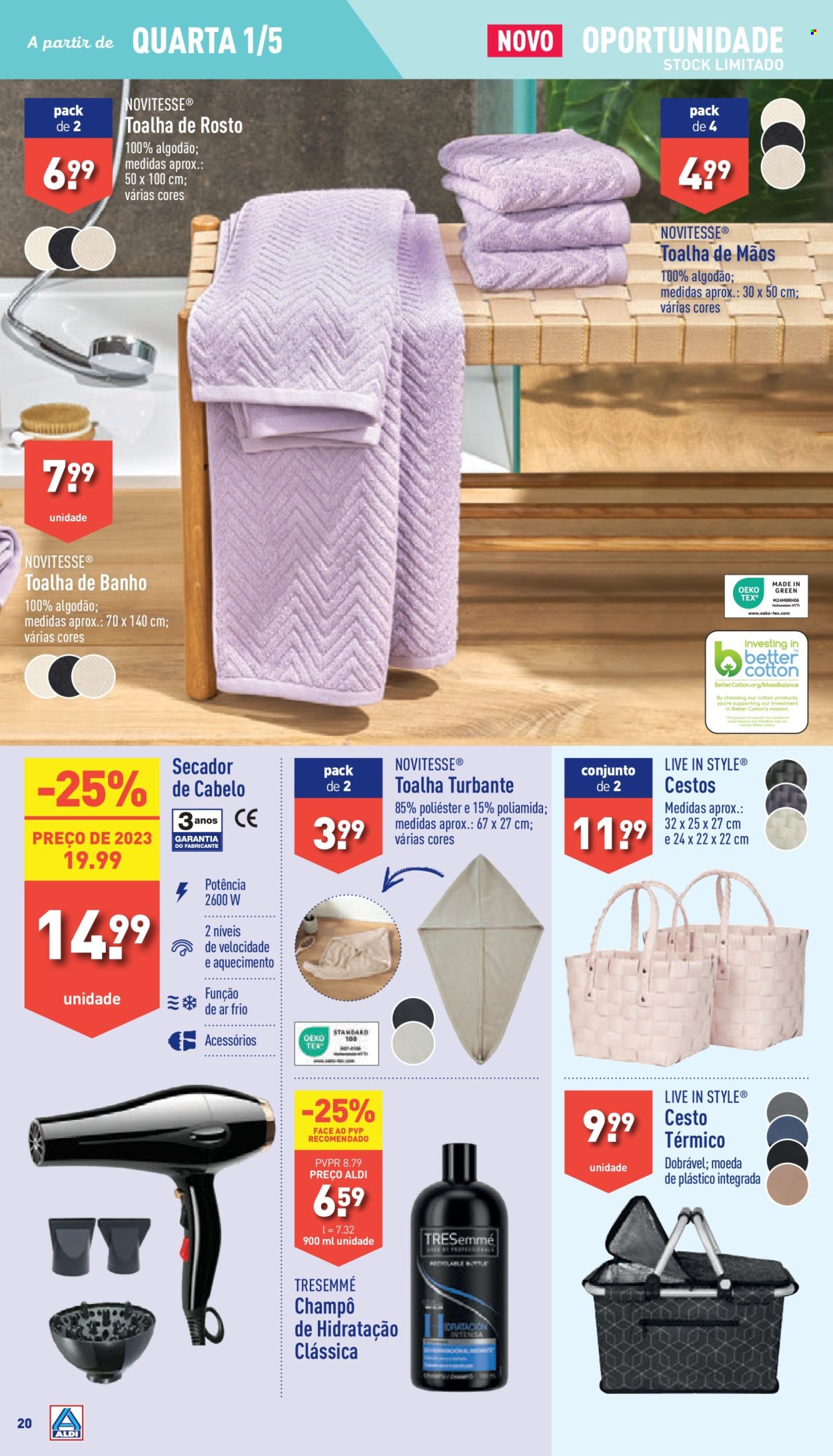 thumbnail - Folheto Aldi - 1.5.2024 - 7.5.2024 - Produtos em promoção - shampoo, Tresemmé, cesta, toalha, toalha de mãos, toalha turbante, toalha de banho, secador de cabelos. Página 20.