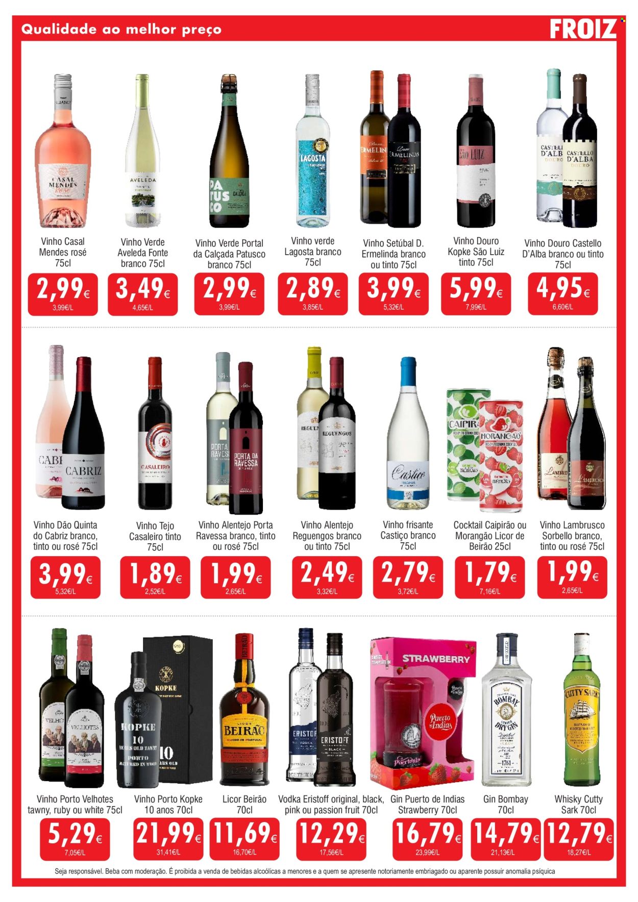 thumbnail - Folheto Froiz - 23.4.2024 - 8.5.2024 - Produtos em promoção - bebida alcoólica, vinho, vinho frisante, lambrusco, vinho do Porto, vinho rosé, vinho verde, vinho douro, Vinho Alentejo, gin, vodka, whiskey, liqueur, Licor Beirão, Eristoff. Página 14.
