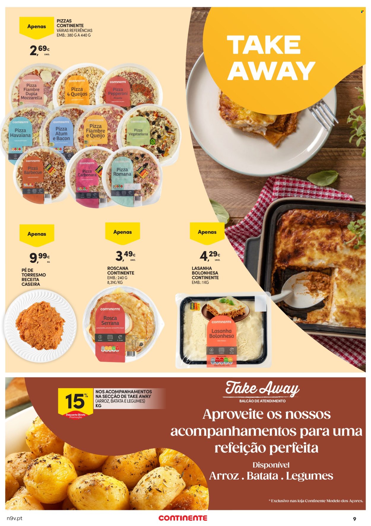 thumbnail - Folheto Continente Modelo - 25.4.2024 - 8.5.2024 - Produtos em promoção - batata, pizza, lasanha, mozzarella, queijo fundido, arroz. Página 9.