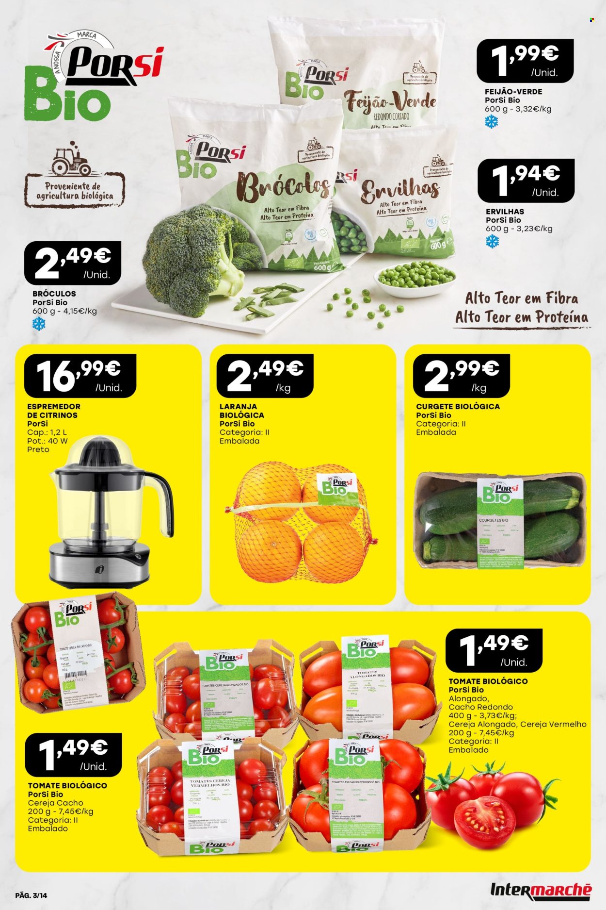 thumbnail - Folheto Intermarché - 25.4.2024 - 8.5.2024 - Produtos em promoção - laranja, tomate, ervilha, feijão verde, brócoli, feijão, curgete, água, espremedor, figura. Página 3.