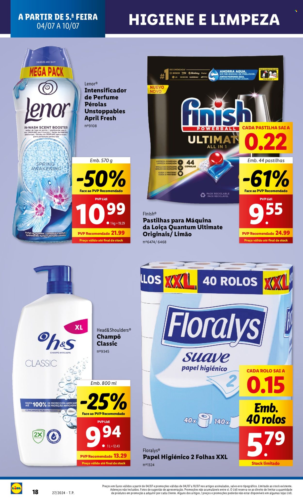 thumbnail - Folheto Lidl - 4.7.2024 - 10.7.2024 - Produtos em promoção - papel higiénico, Lenor, Finish, shampoo, Head & Shoulders, perfume. Página 39.