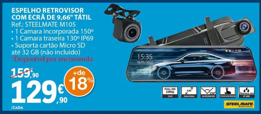 Espelho Retrovisor com Ecrã de 9,66'' Tátil