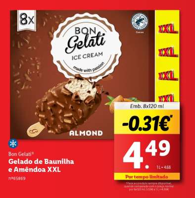 Bon Gelati Gelado de Baunilha e Amêndoa XXL