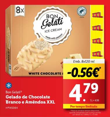Bon Gelati Gelado de Chocolate Branco e Amêndoa XXL